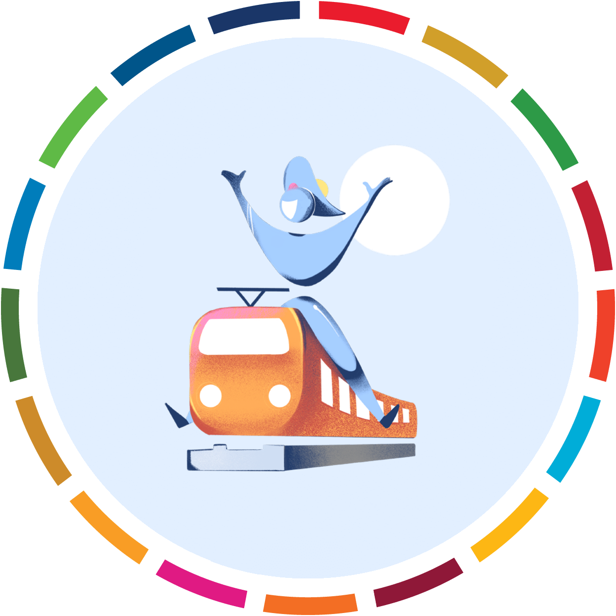 Photocomposition: a train with a person on the top of it, smiling, celebrating