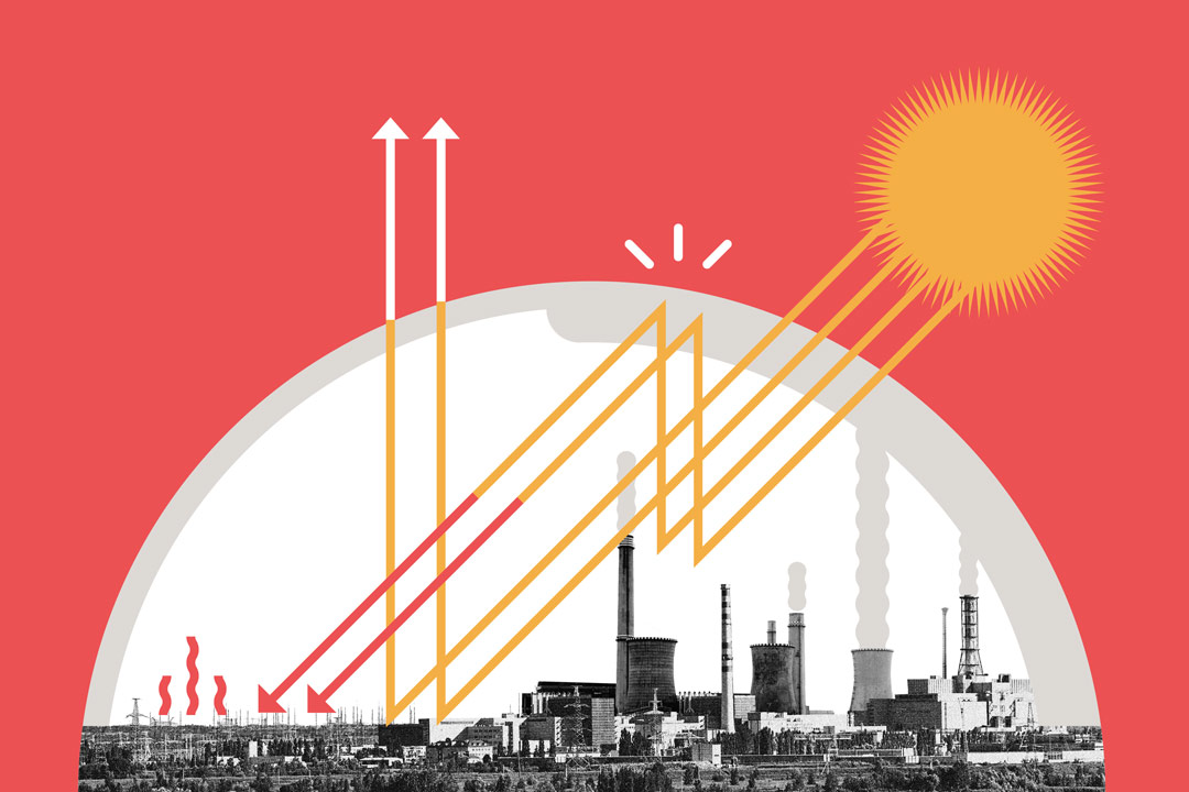 Photocomposition: a illustration of the sun heating the earth, and that heat partially getting trapped in the atmosphere, because of the greenhouse of the gas emissions that act like a blanket wrapped around the Earth