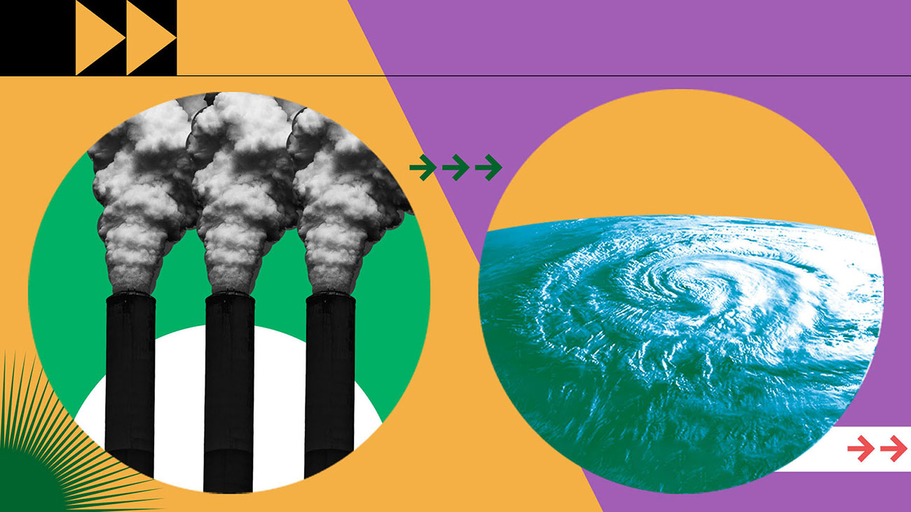 Photocomposition: an image showing causes and effects of climate change - a smokestack and a storm