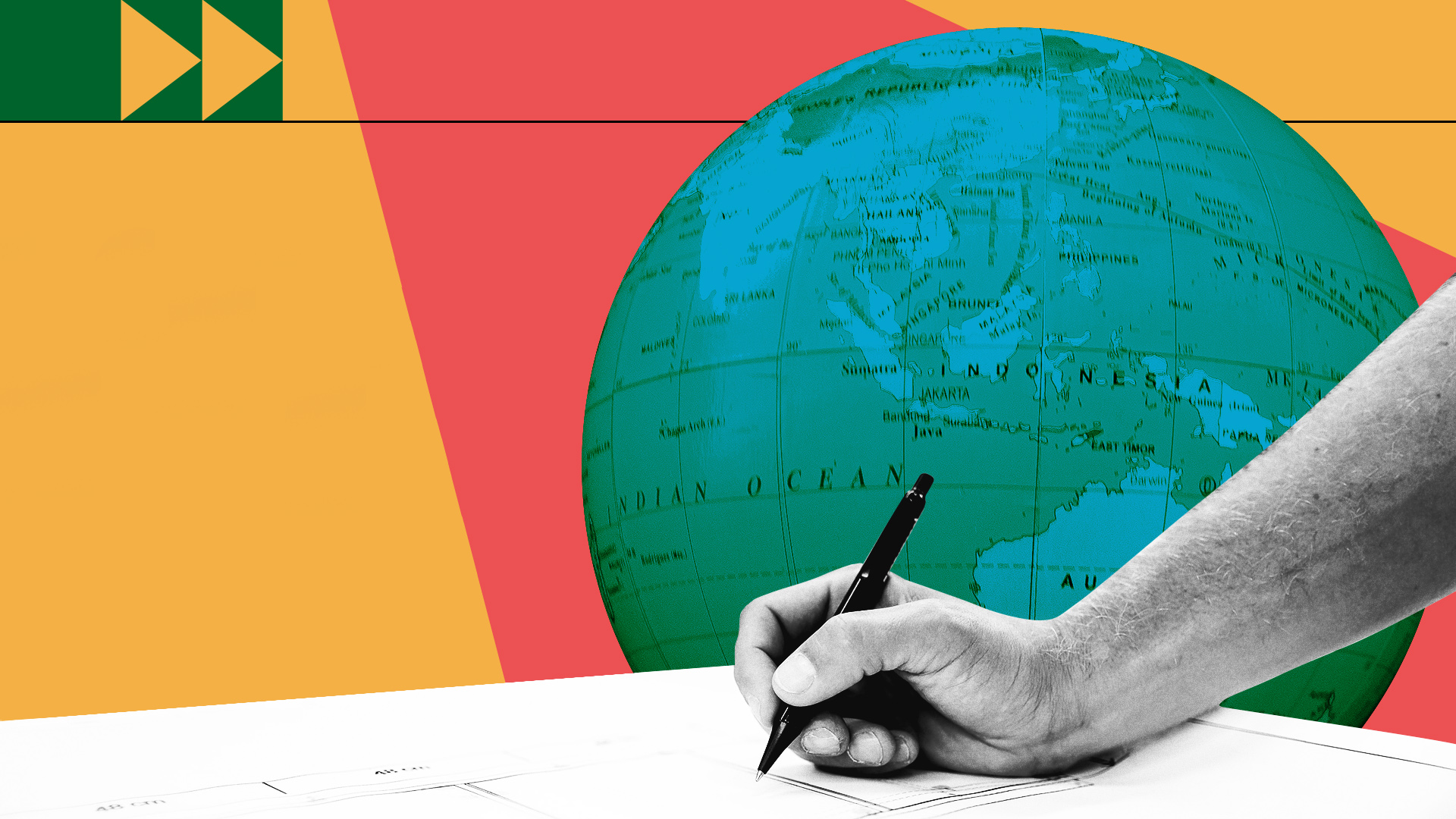 photocomposition: the earth globe on the backgroung, a hand holding a pen signing a document on the front