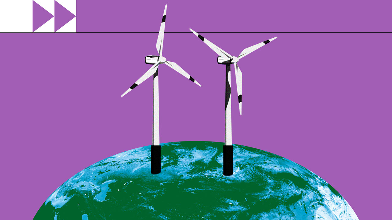 Illustration with to windmills on purple background