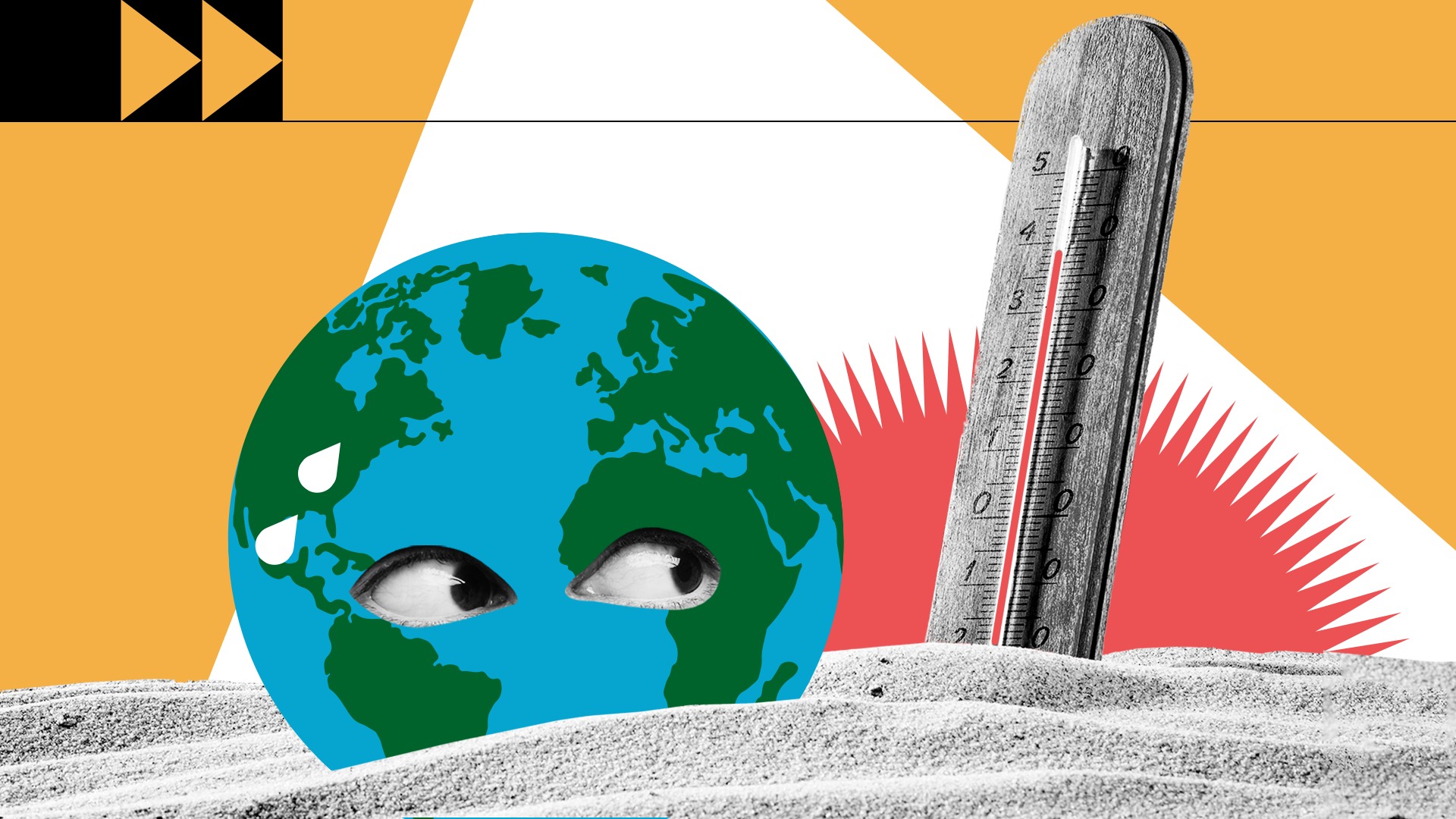 Illustration of the earth with eyes, looking worried to the rising temperature of the thermometer besides her