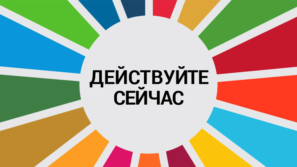 лого кампании фотокомпозиция: действуйте сейчас, написанная в центре цветового колеса целей устойчивого развития»