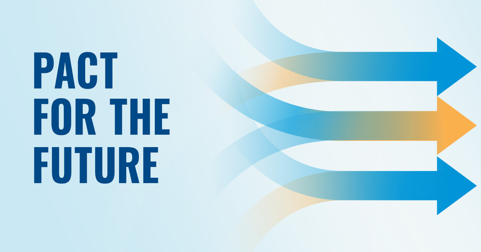 Pact for the Future Blue and orange arrows going to the right with the words Pact for the Future on-top of them