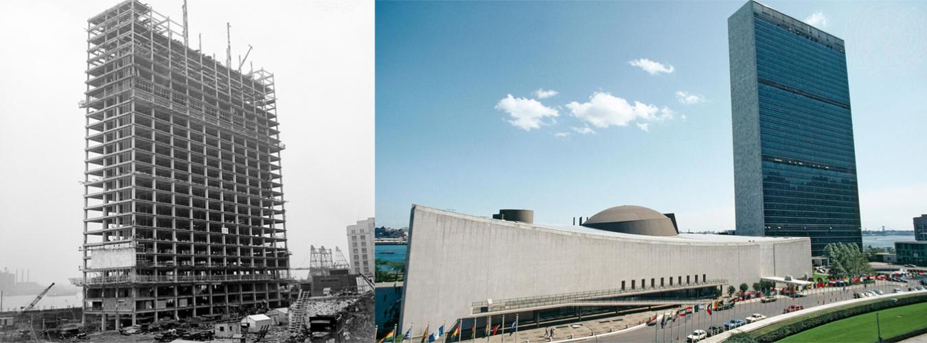 左图是1949年建造中的联合国秘书处大楼;右图是1990年的秘书处和大会大楼。
