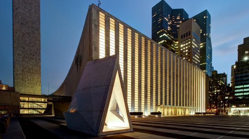 The Ark of Return memorial (foreground) on the United Nations Visitors Plaza, United Nations Headquarters, New York. Credit: Rodney Leon